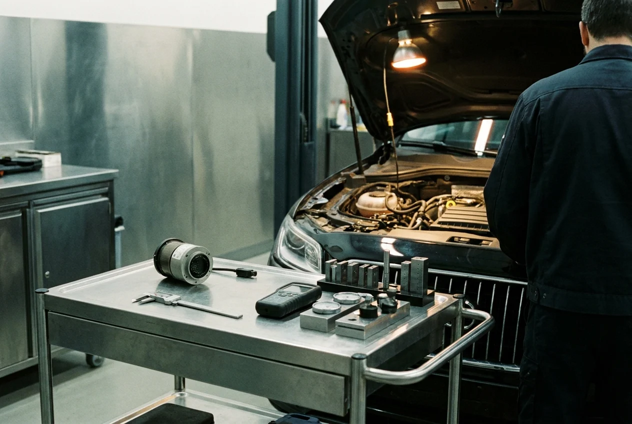 Diagnostic tools and vehicle sensor module on metal cart in workspace.
