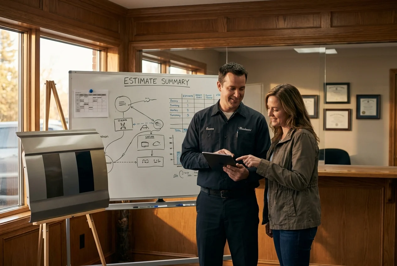 Technician and customer discuss vehicle diagnostics in repair office.
