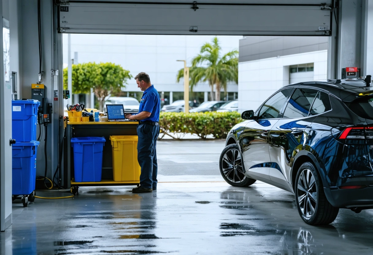 Technician works on eco-friendly diagnostics beside hybrid vehicle.