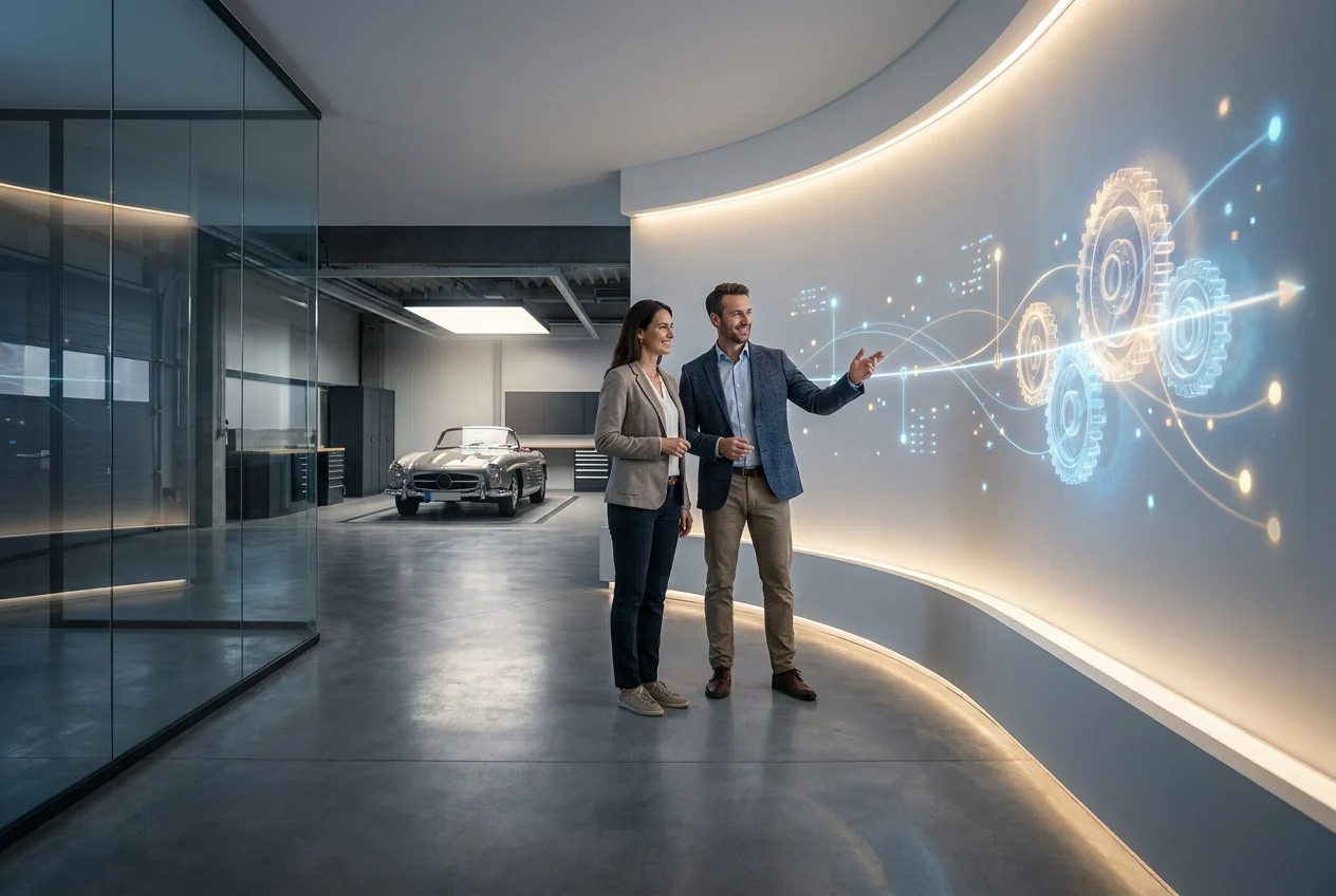 Service advisor and customer near timeline concept in auto body office.