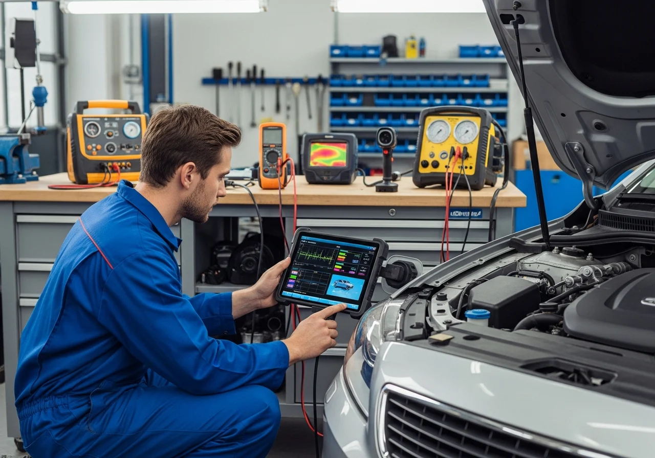 Technician using a computerized diagnostic scanner on a car.