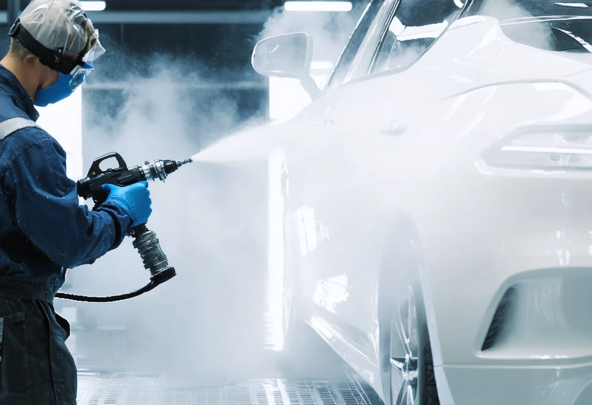 Technician applies paint in spray booth with precision and control.