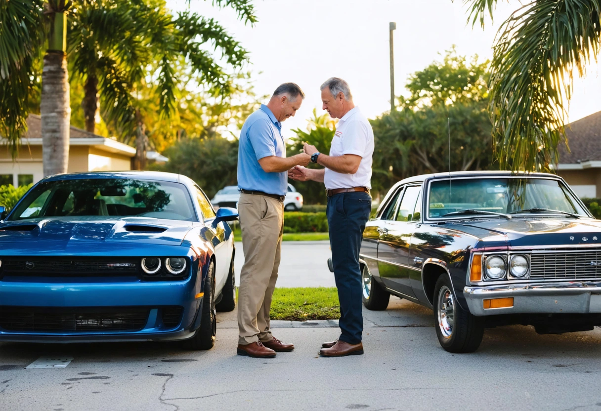 Two drivers exchanging insurance info after minor collision on suburban street.