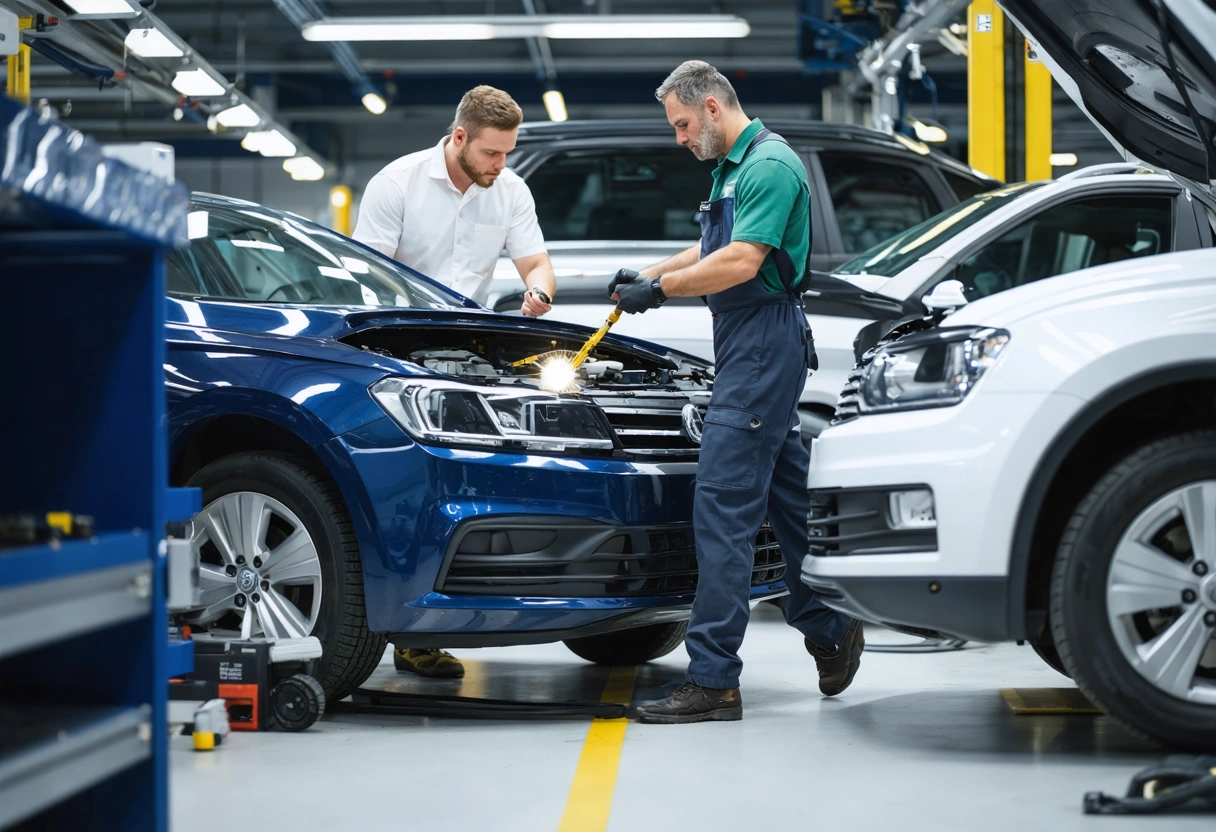 Technician inspects vehicle panel with customer in diagnostic bay.