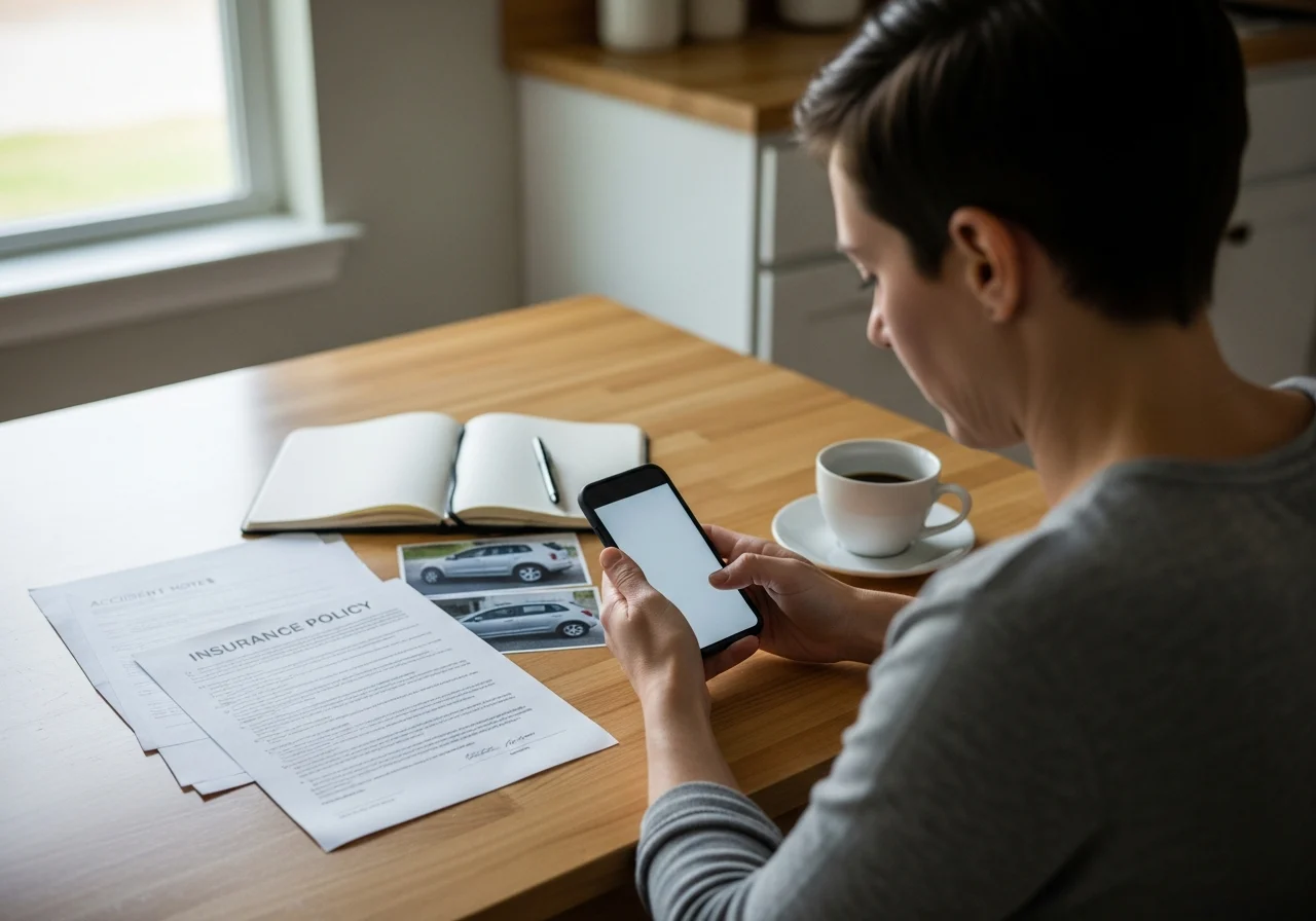 Concerned driver filing insurance claim at kitchen table with documents.
