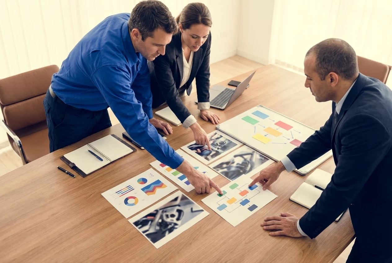 Team reviewing repair photos and charts in office meeting space.