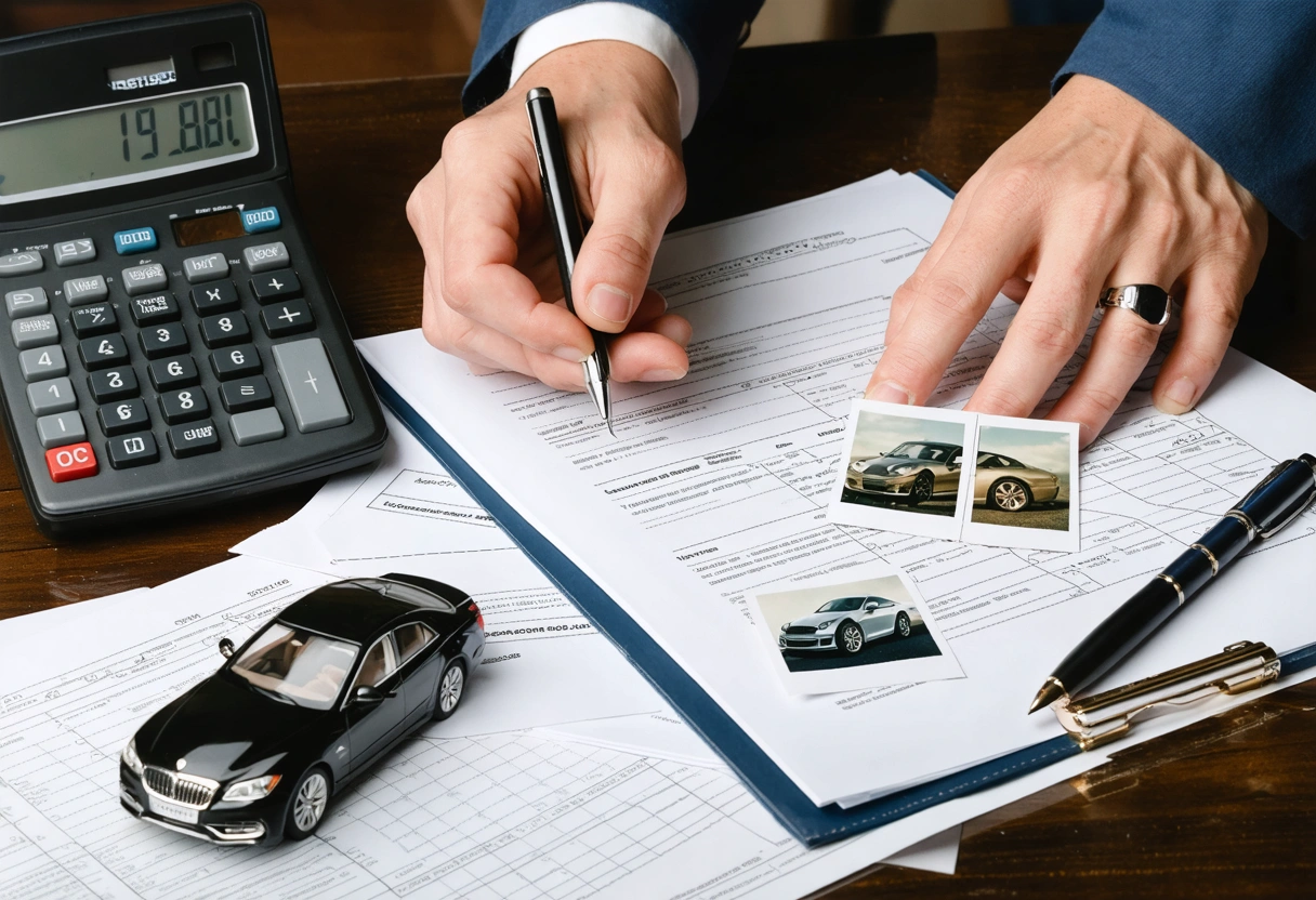 Hand holding repair estimate, clipboard, calculator, and model car.