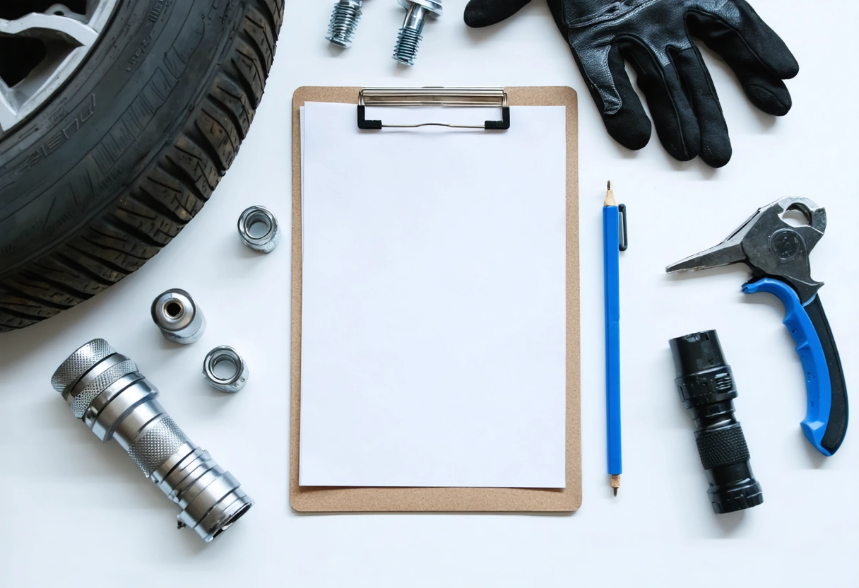 Organized workspace with tools for suspension damage assessment.
