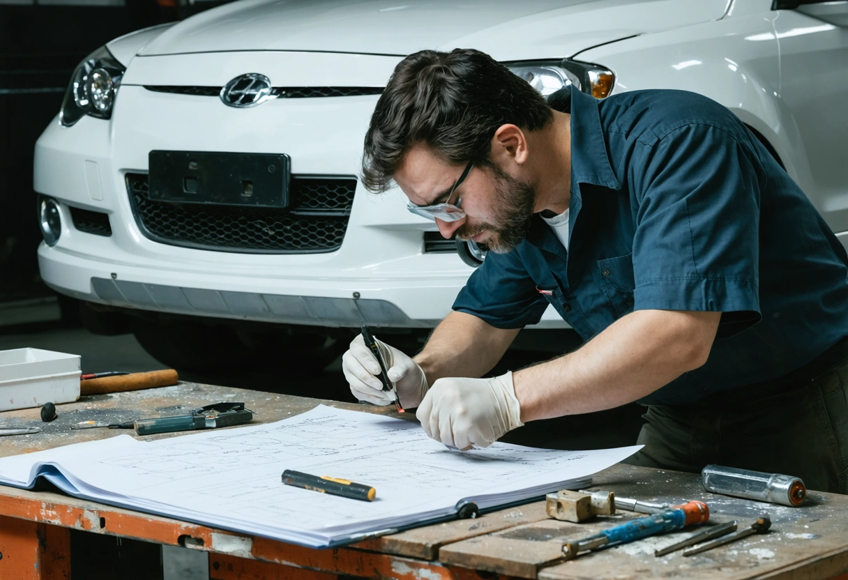 Technician and estimator inspect damaged panel with flashlight, gauge, and notes