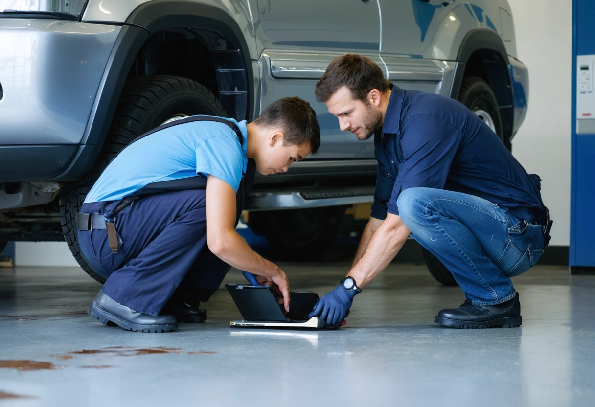 Family SUV in service bay with technician checking early warning signs