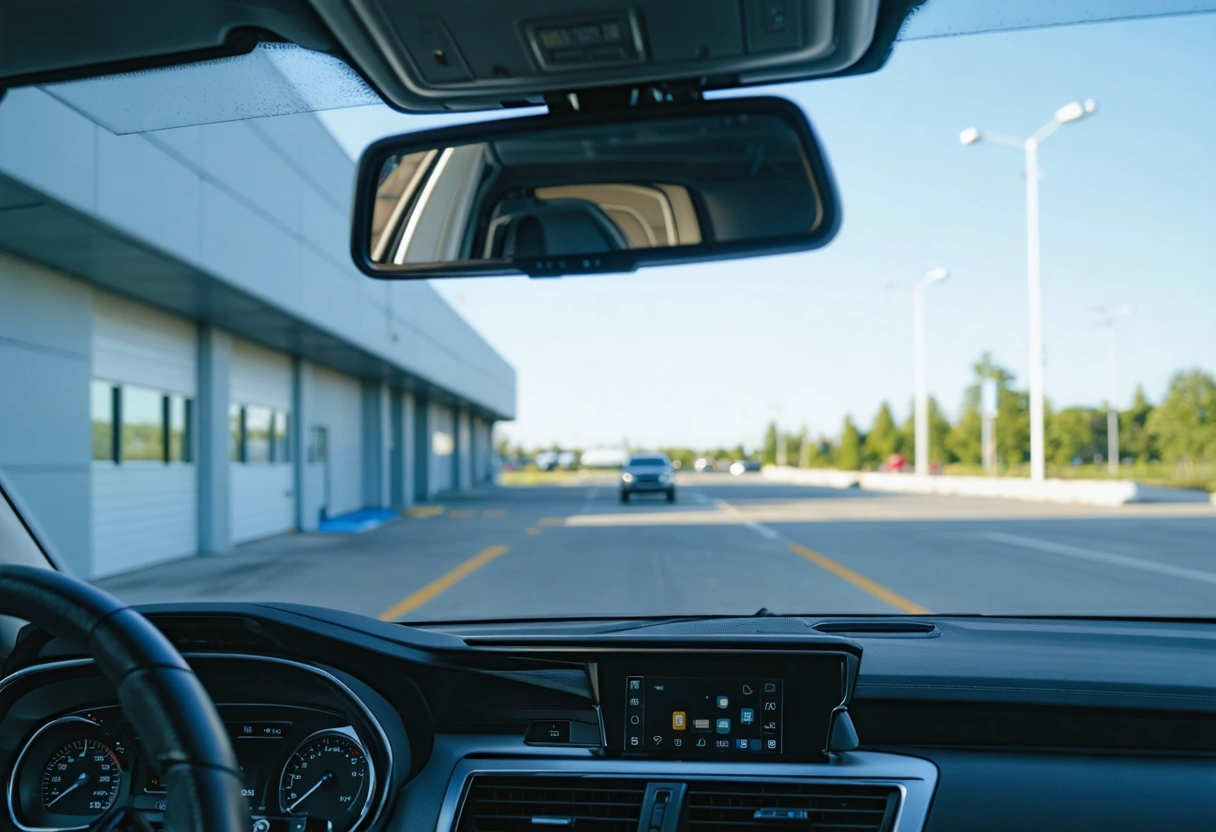 Technician inspects windshield camera area during calibration setup in repair bay