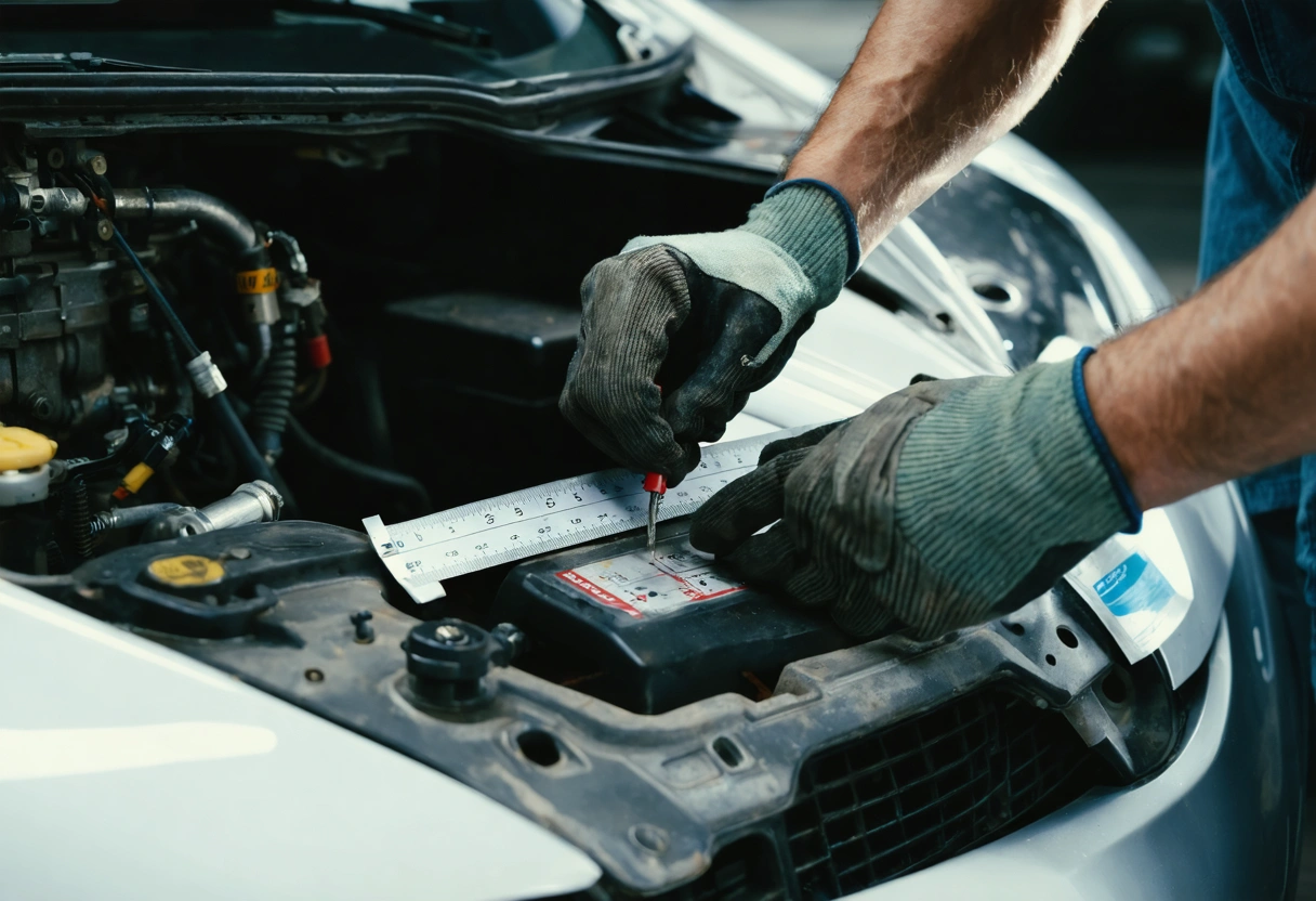 Technician documenting hidden damage on stripped vehicle parts with measuring tool