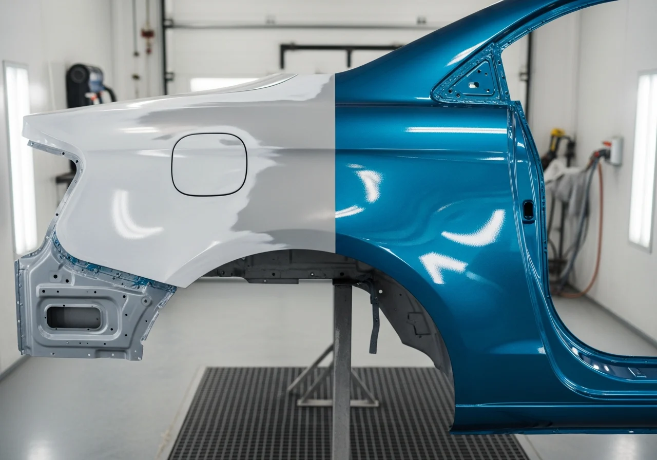 Half-restored car panel showing primer, basecoat, metallic paint, and clearcoat layers