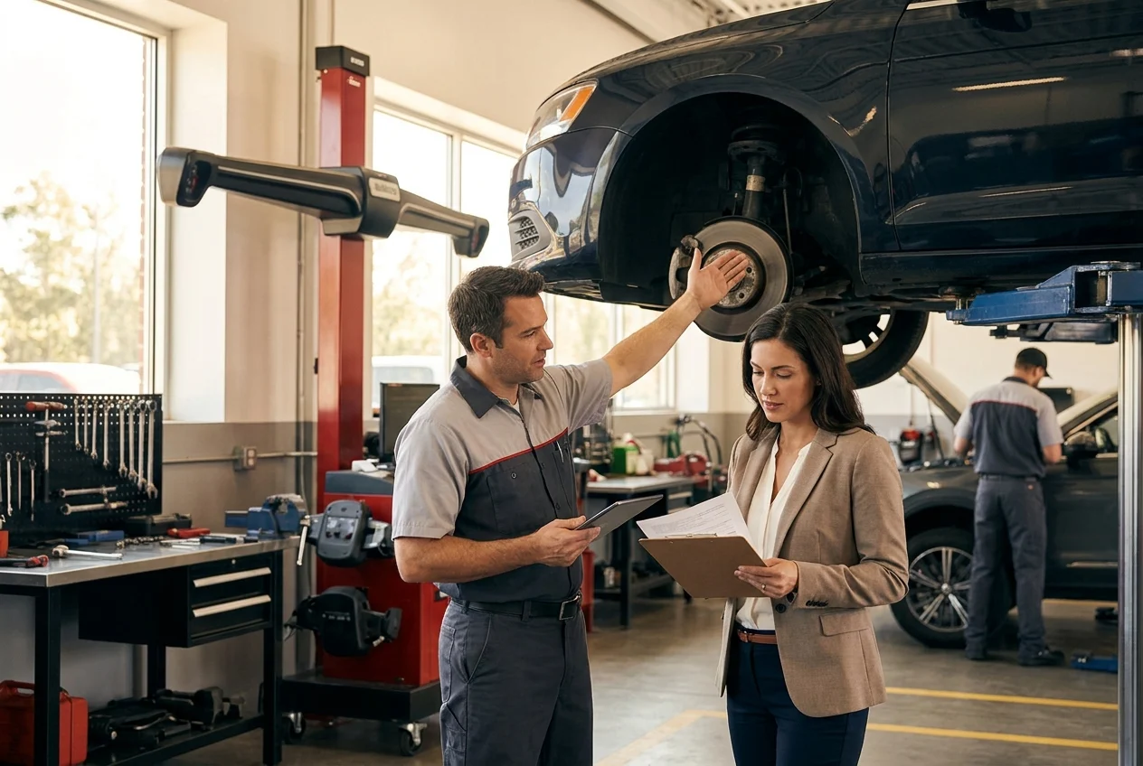 SUV lifted slightly while technician and advisor review suspension and calibration