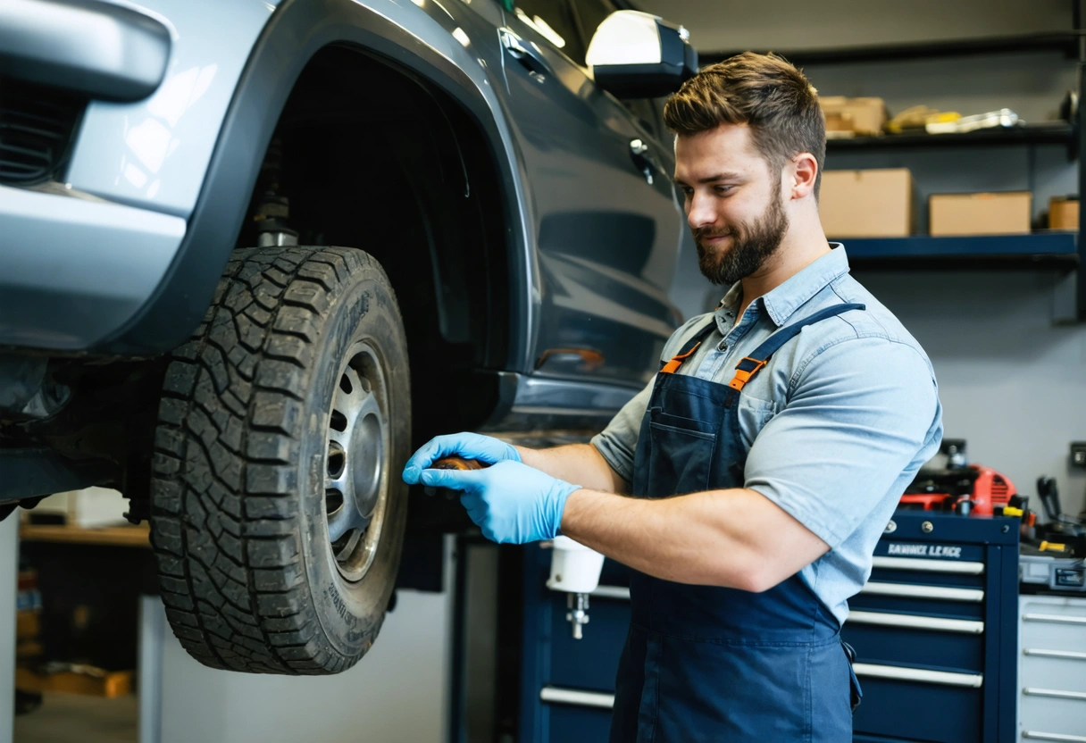 Technician shows customer worn and healthy mounts beside a lifted vehicle