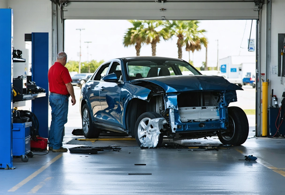 Appraiser, manager, and owner evaluating a damaged vehicle in bright service bay