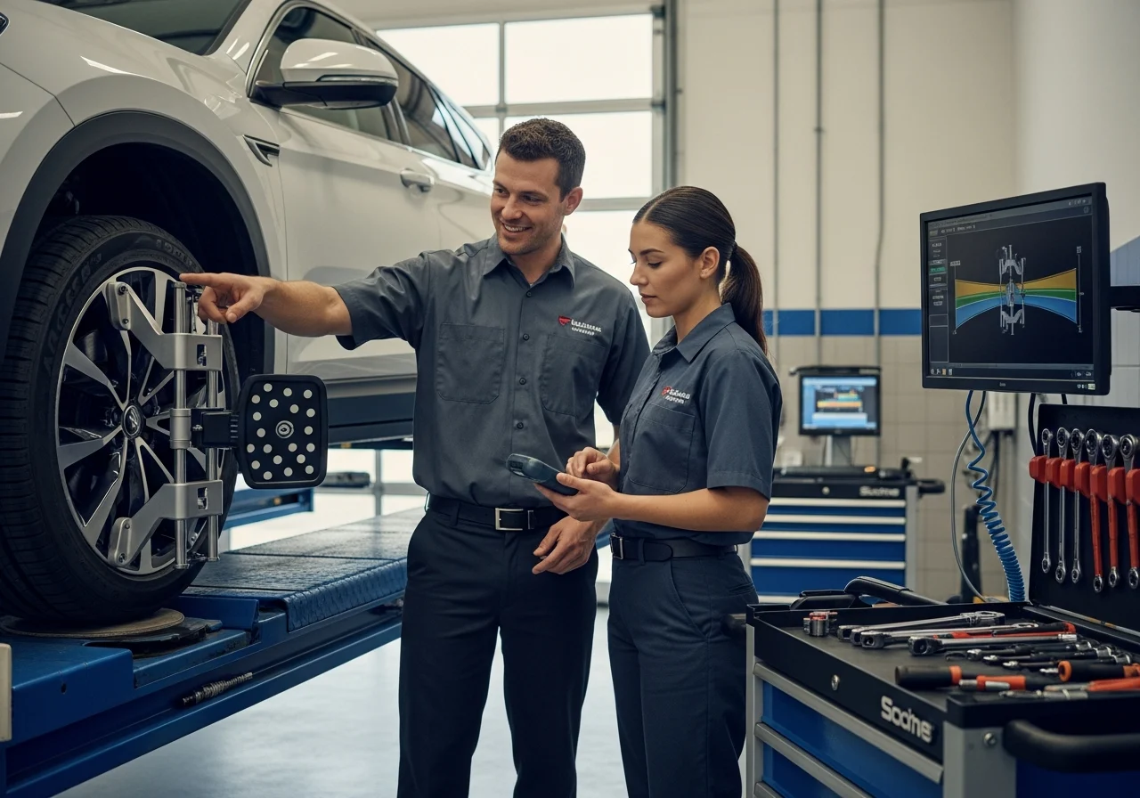 Technicians and advisor plan vehicle alignment and calibration in repair area