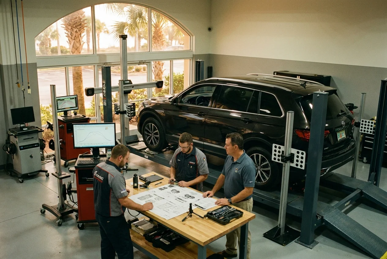 Technicians and advisor inspect a collision-repaired vehicle in calibration bay