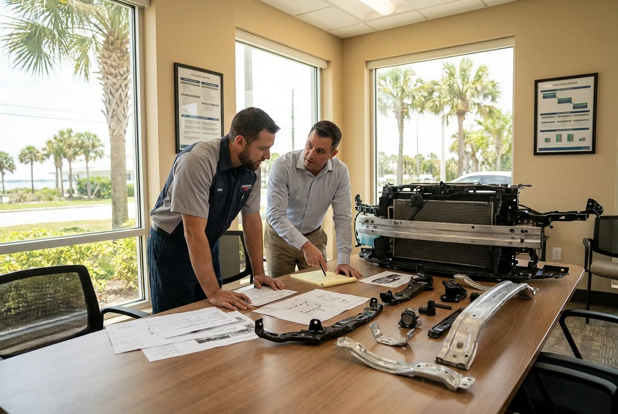 Technician and insurance adjuster reviewing repair notes beside disassembled front end