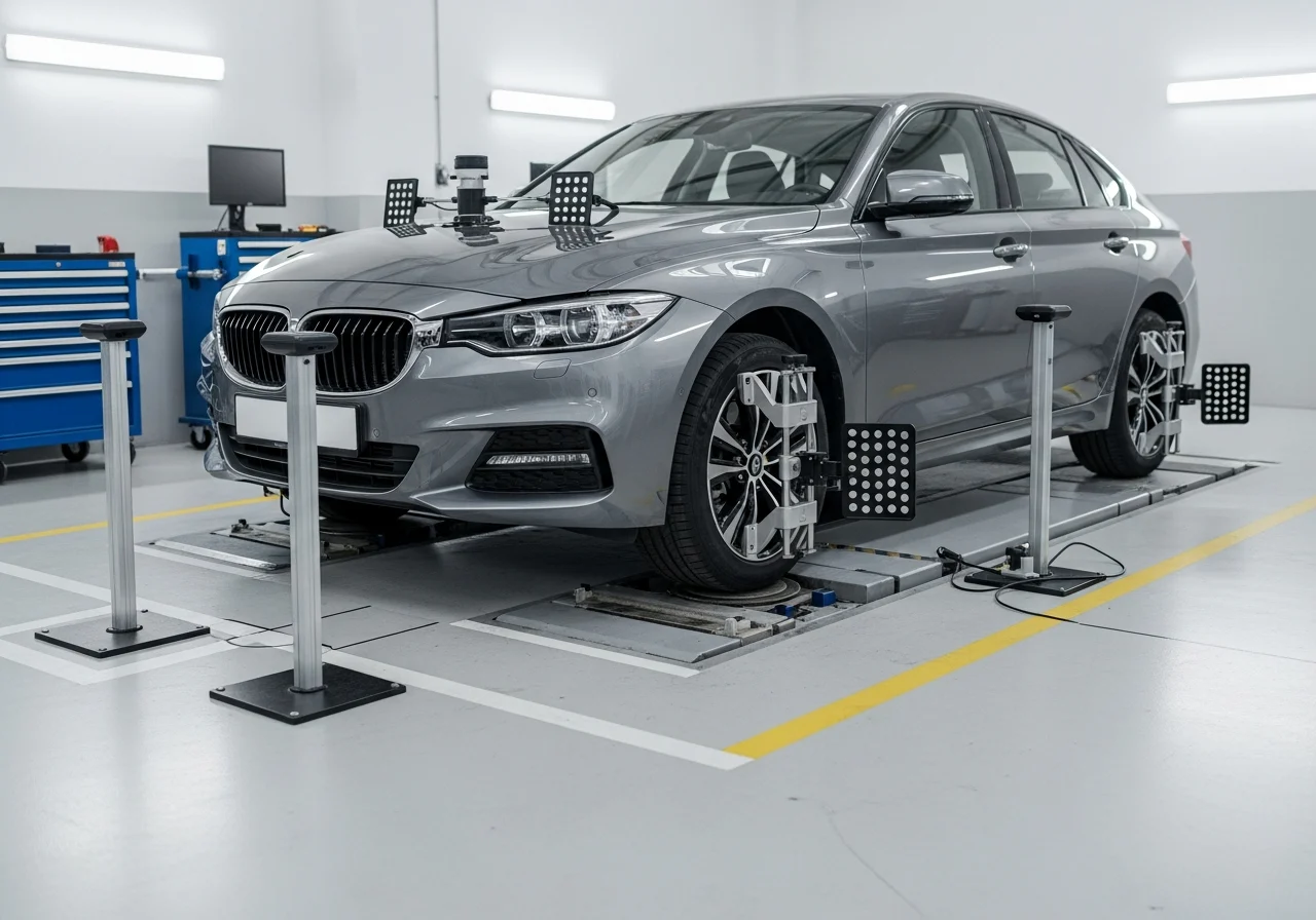 Service advisor and technician discuss SUV alignment and driver assistance safety