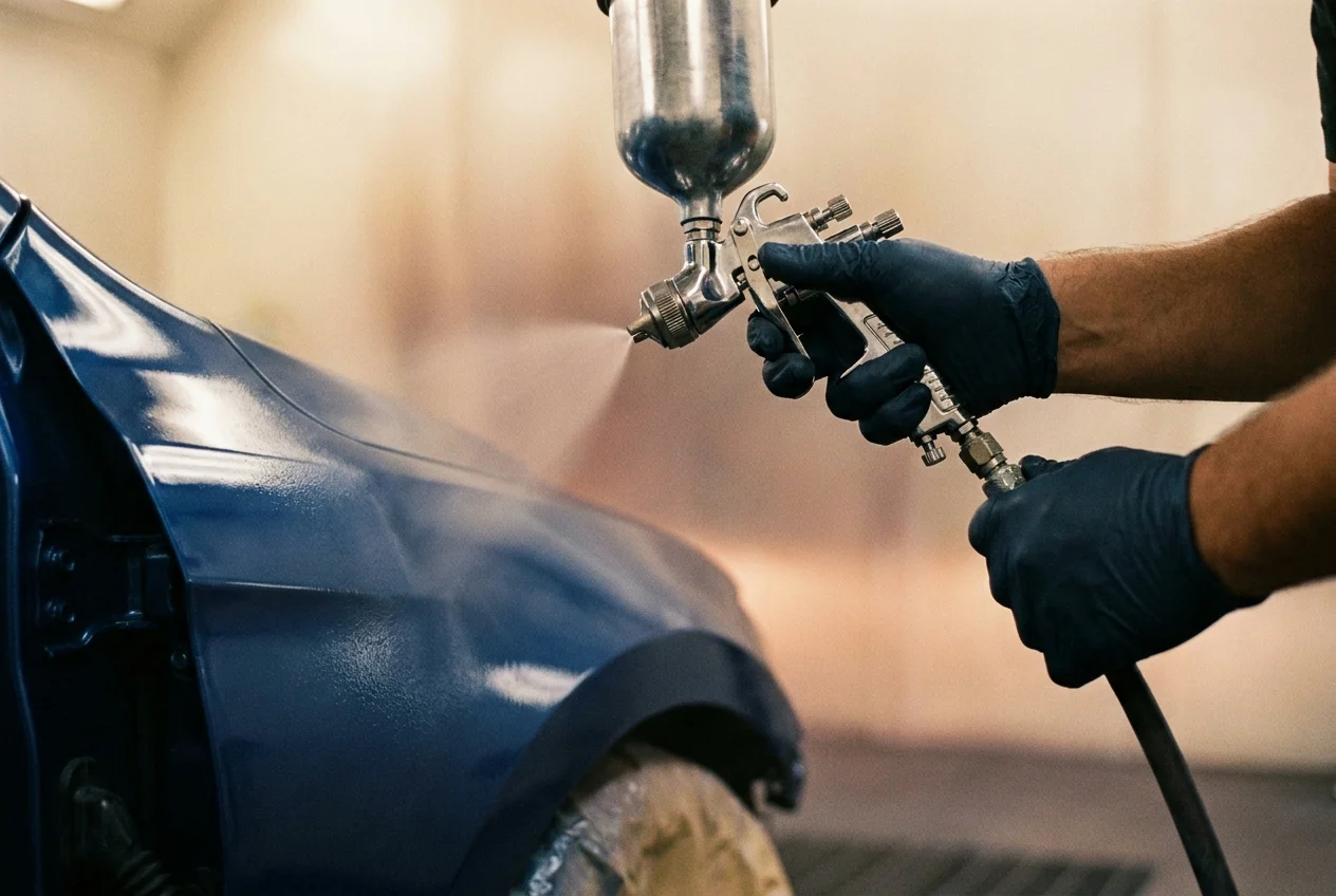 Technician applying automotive paint with spray gun in booth.