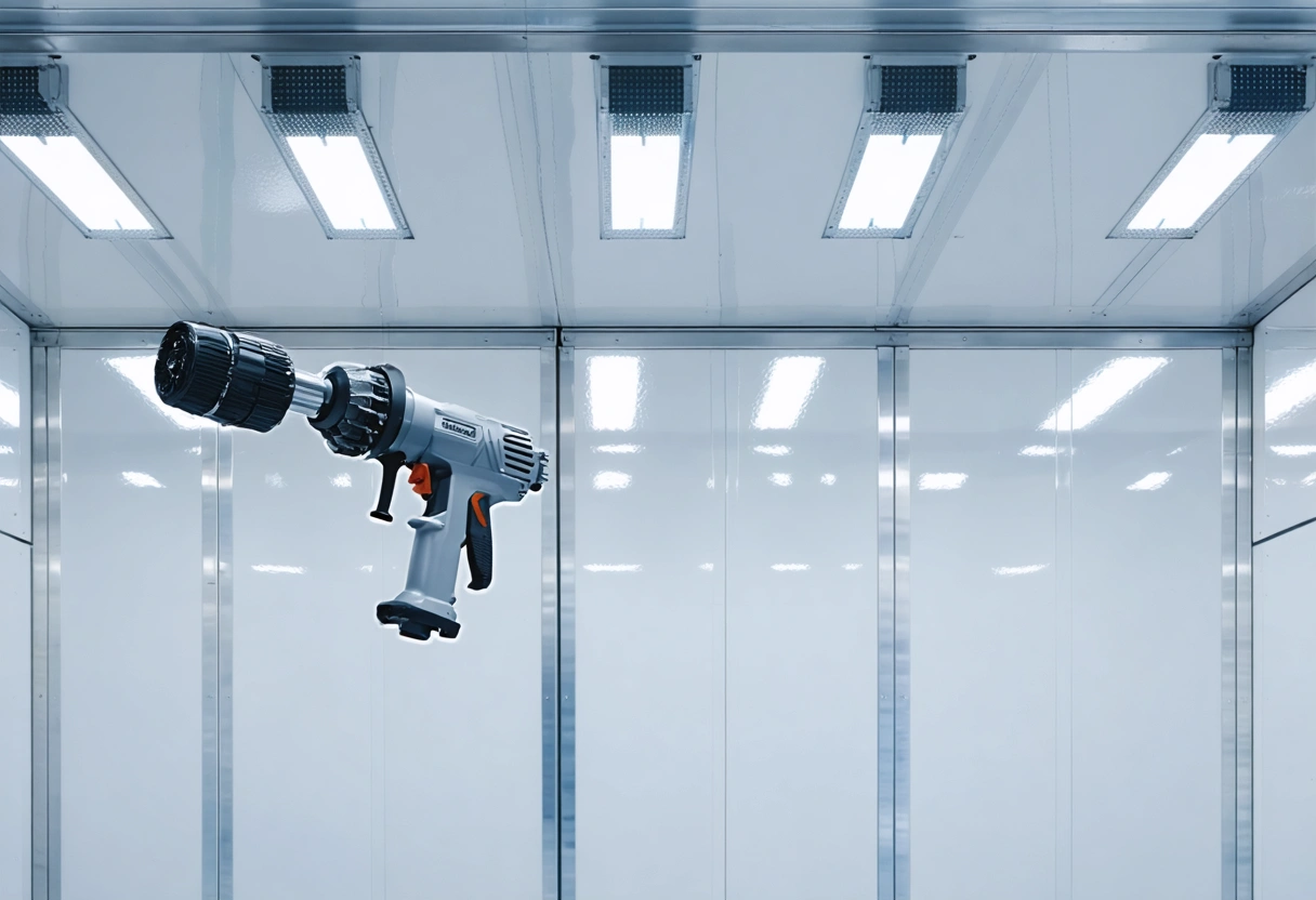 Close-up of clean spray booth vents, hanging gun, and glossy masked panel