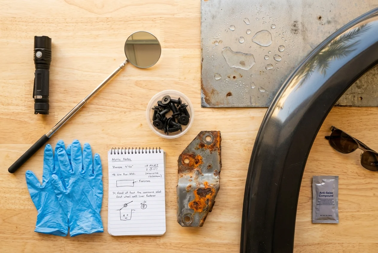 Inspection tools and rusted parts arranged on a clean service bench