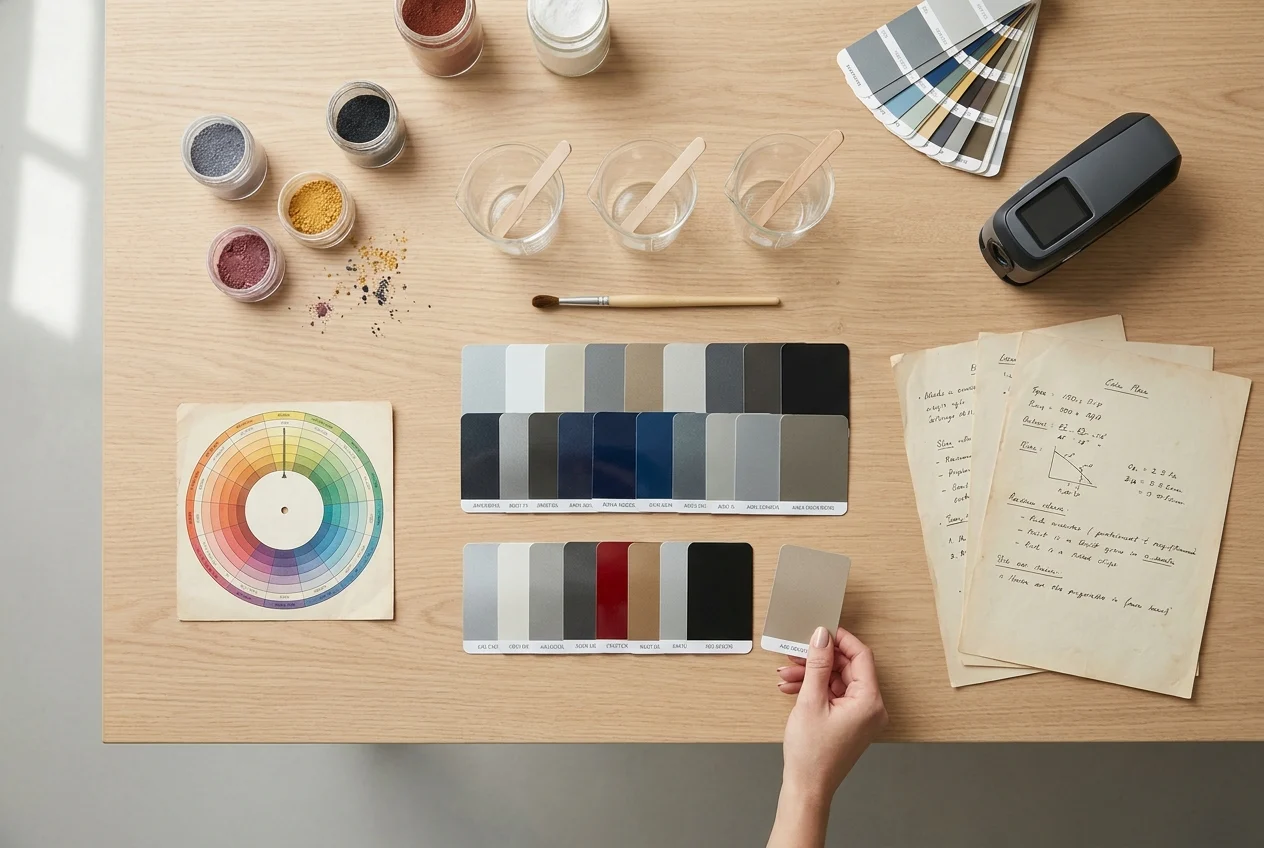 Top-down table with paint swatches, pigment chips, tools, and color analysis materials