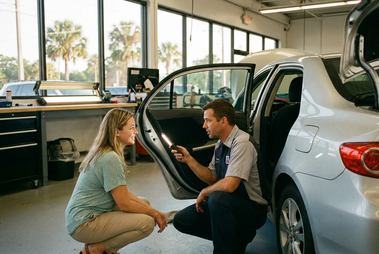 Technician and customer inspect door seals and water intrusion points inside a car