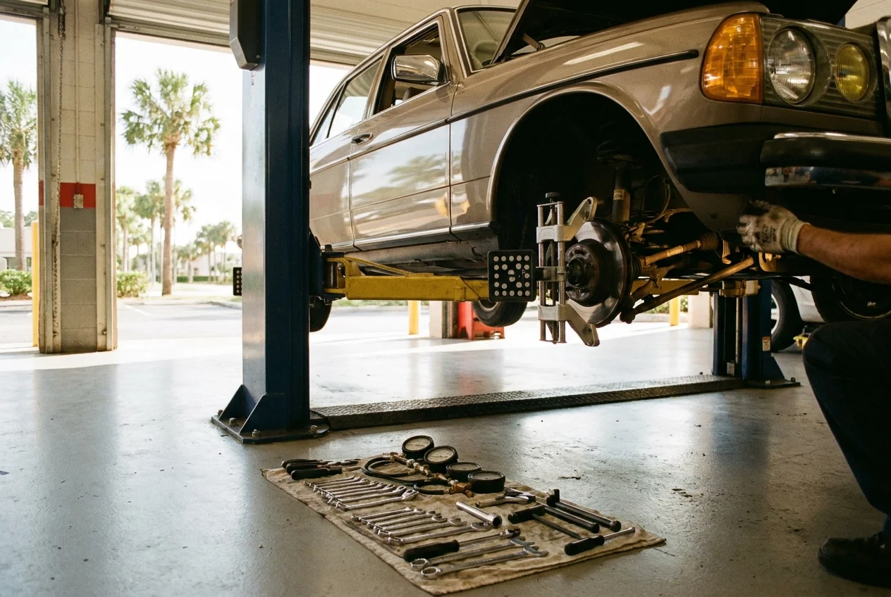 Vehicle on lift exposing damaged suspension and alignment components