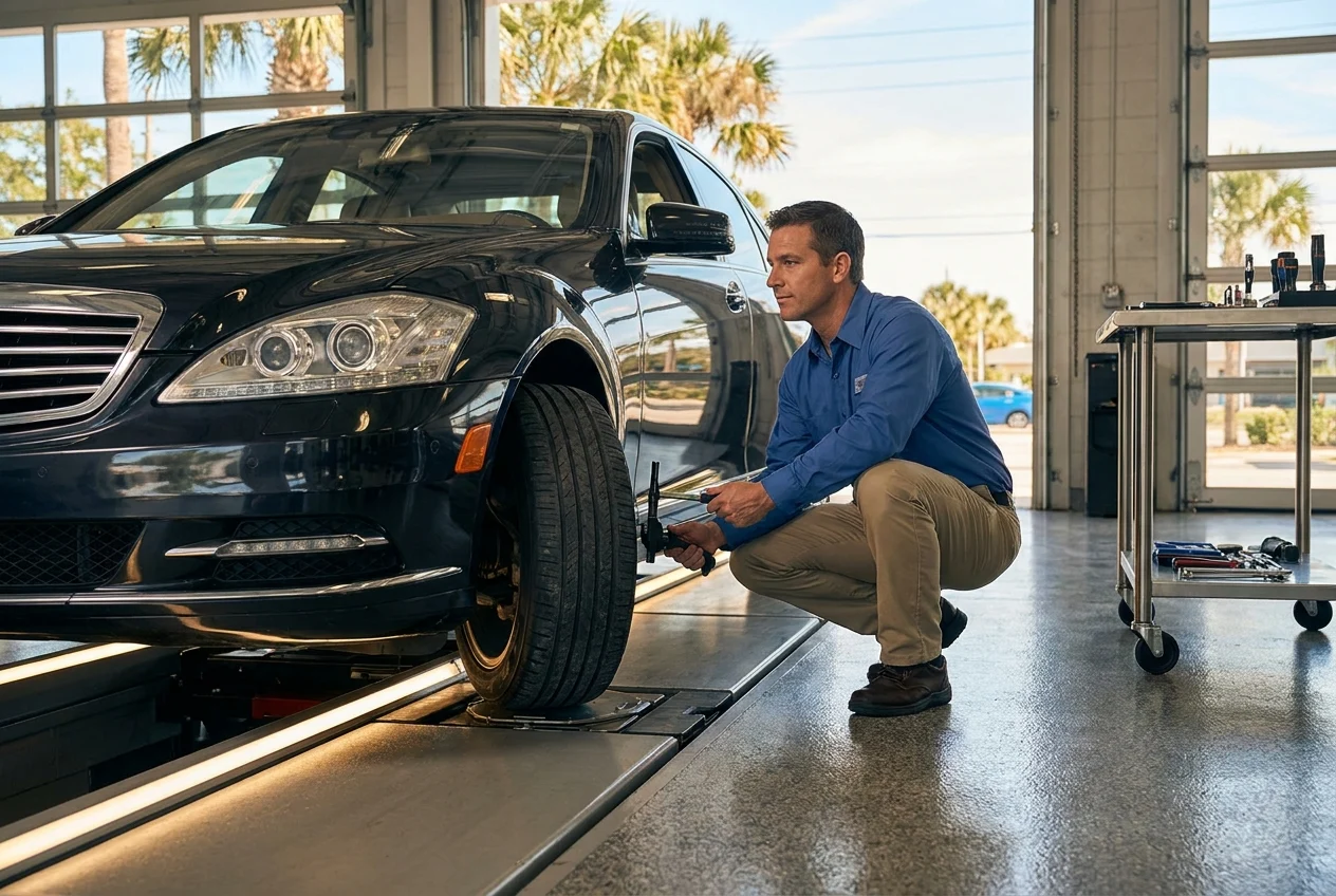 Cinematic automotive service image focused on incorrect toe alignment and tire wear, a well-lit sedan