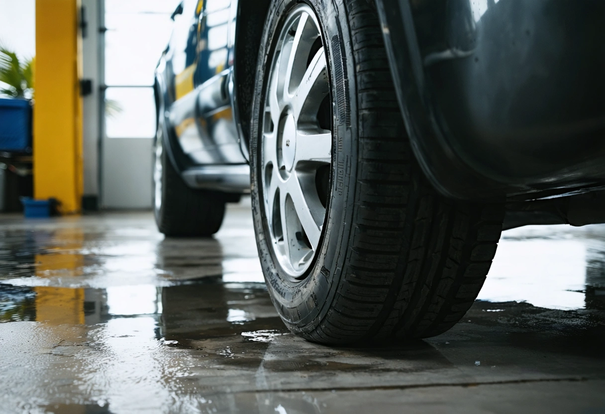 Close-up of worn tire tread being measured for hurricane-season safety