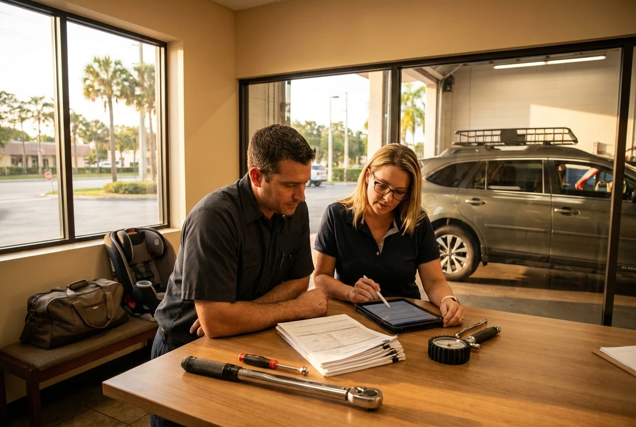 Technician and advisor discussing repair priorities in a shop office