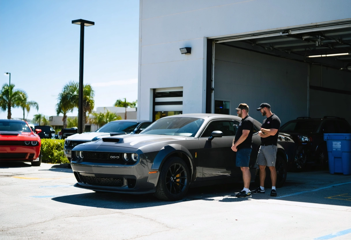 Owner and technician examine subtle color mismatch between vehicle panels
