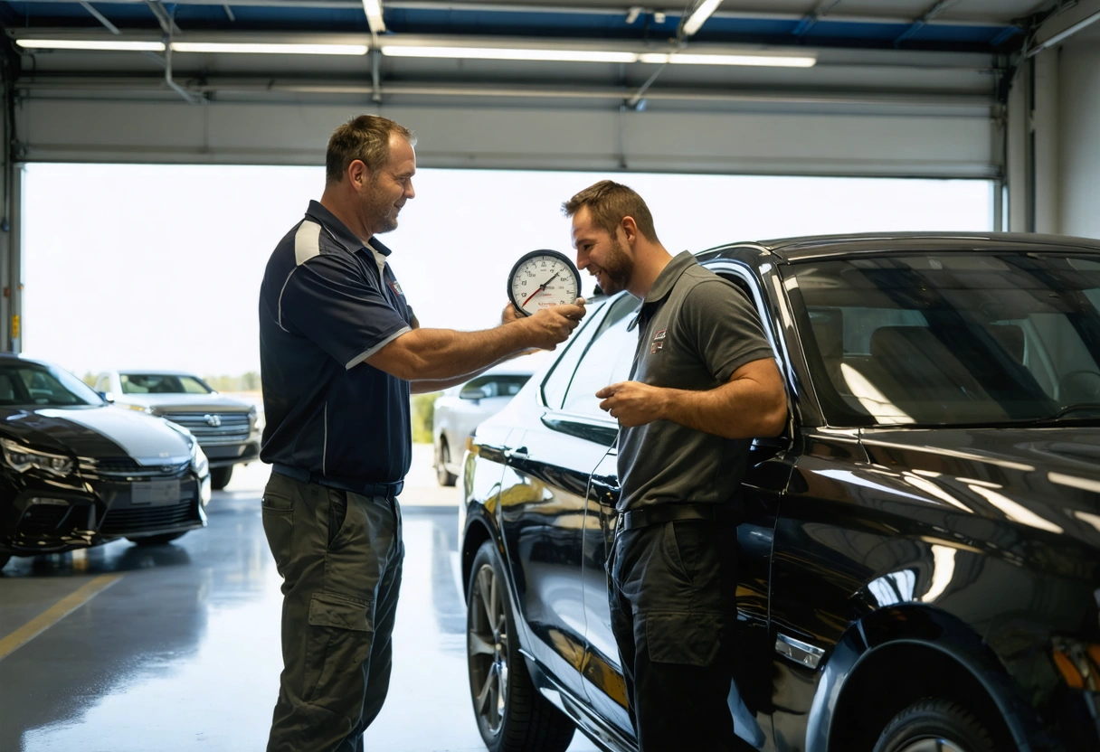 Customer and advisor inspect sun-faded paint with a depth gauge