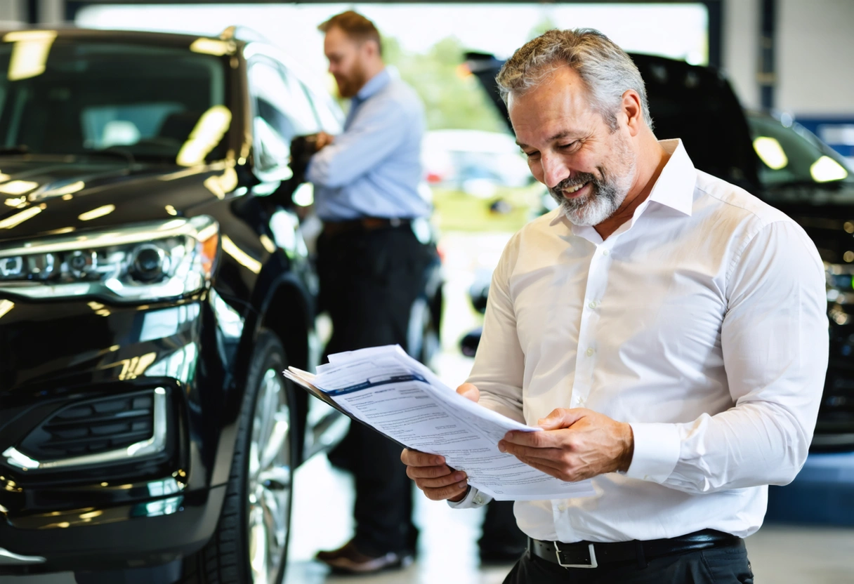 Credibility-focused automotive service scene in a clean customer consultation area at an auto body shop,