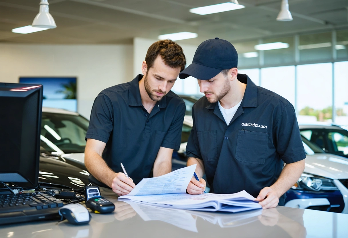 Customer and advisor reviewing collision inspection findings at service counter
