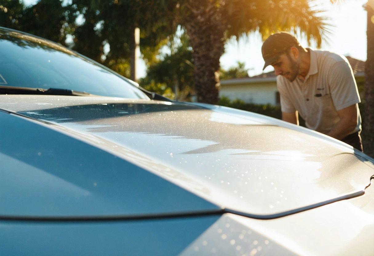 Technician and owner compare faded paint with a restored glossy panel