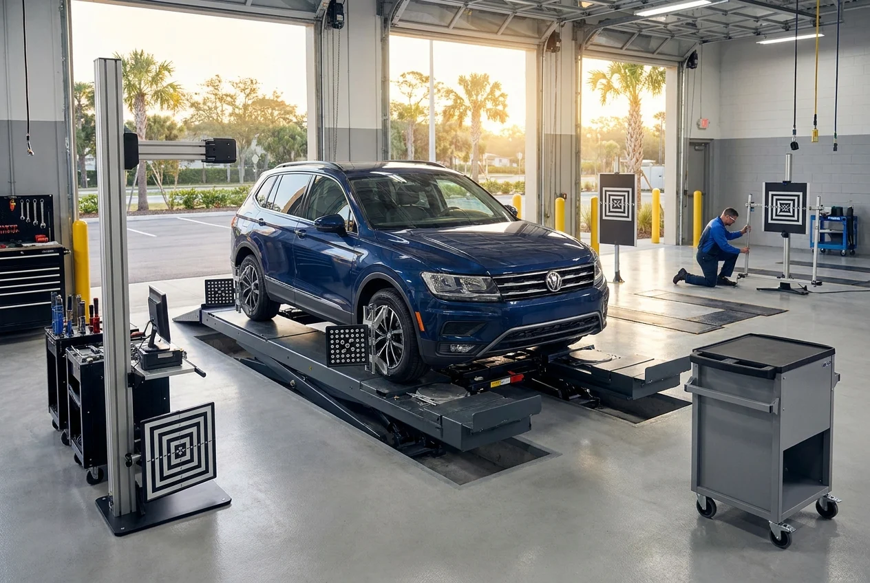Modern collision repair bay showing ADAS-related alignment context, a repaired SUV positioned on an alignment