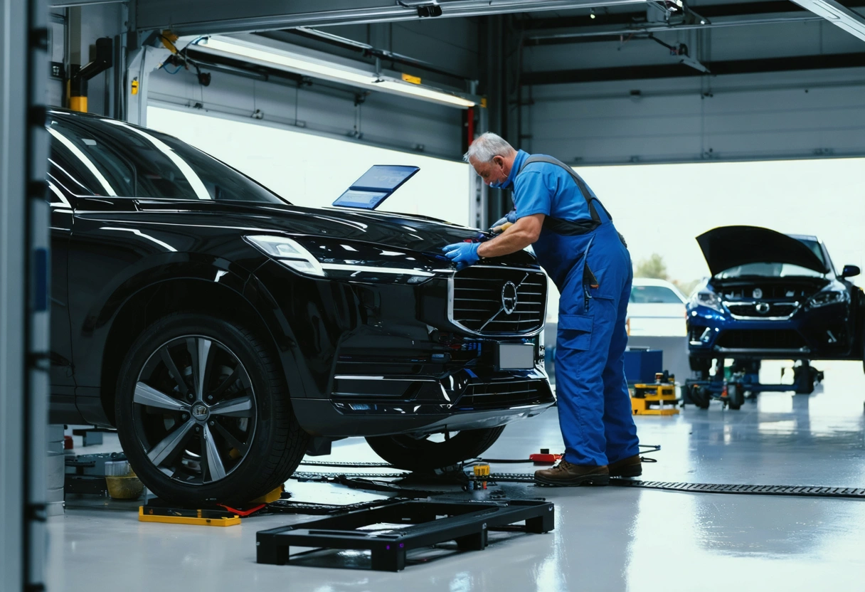 Technician calibrating collision repair sensors in a clean alignment bay
