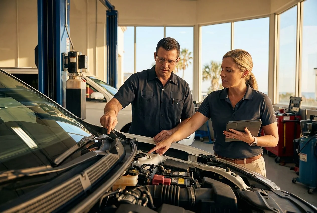 Technician and advisor discuss storm-prep repairs beside a vehicle in a repair bay