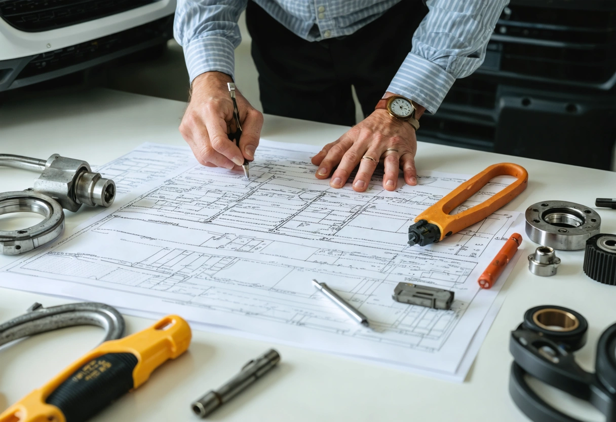Technician and advisor review hurricane-season car inspection notes and damaged parts