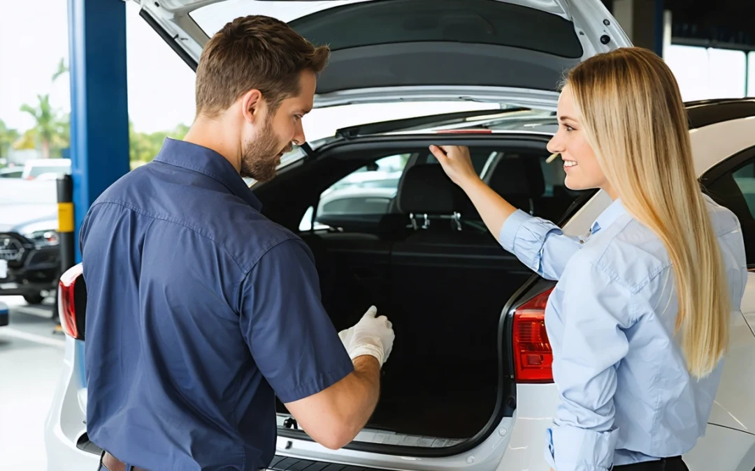 Collision specialist and owner inspecting sedan damage in warm daylight
