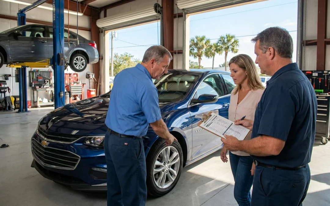 Professional collision repair consultation in a bright Port Charlotte auto body shop, two experienced technicians and