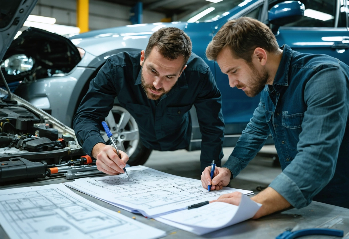 Quality control review inside an auto body repair facility, two technicians and a service manager