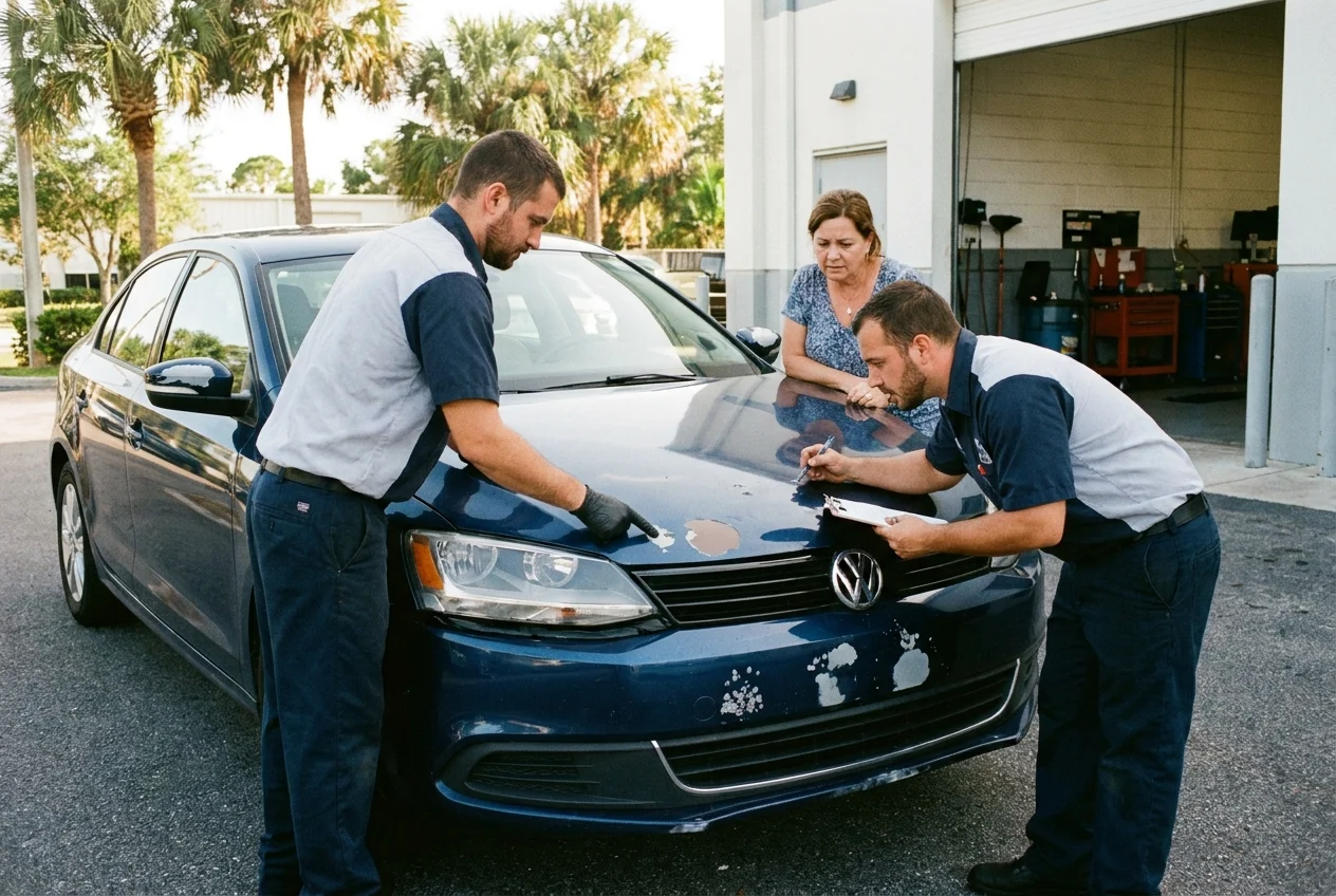 Technicians and owner assess paint chips on a car exterior