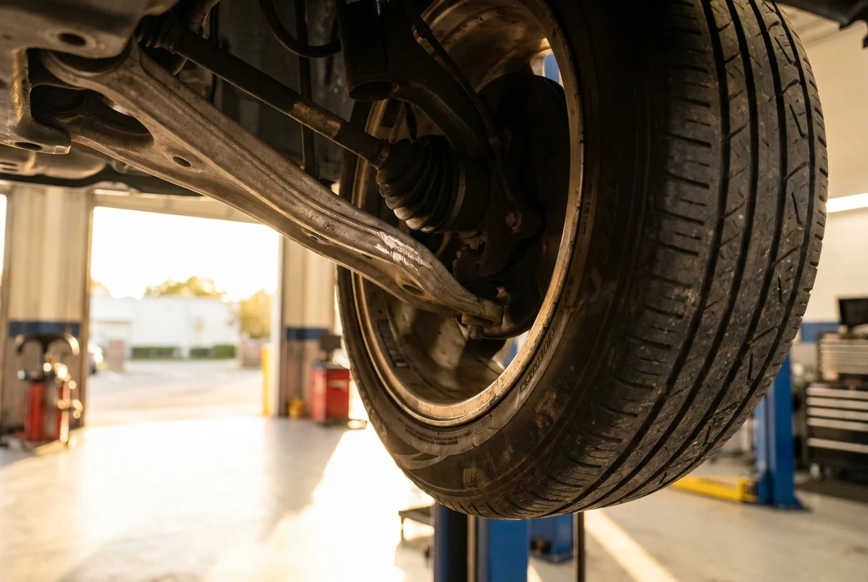 Bent suspension and scuffed wheel assembly in an auto repair bay
