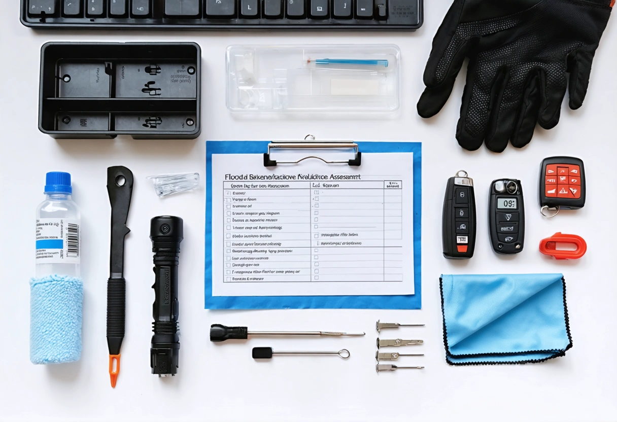 Overhead flat lay of flood inspection tools, checklist, and vehicle key fob