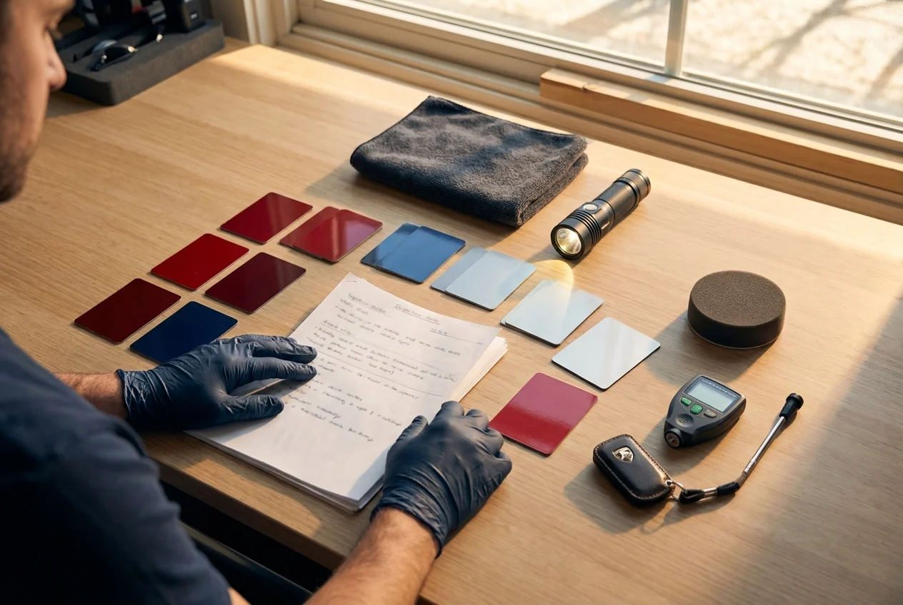 Overhead workbench with paint swatches, tools, and inspection notes