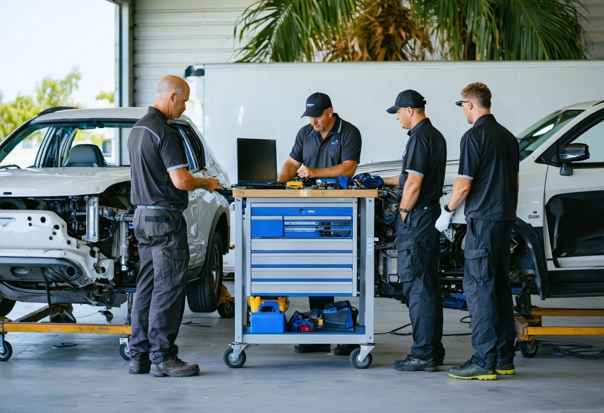 Auto body specialists discuss repair options beside damaged panels and tools